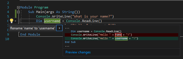 Captura de tela que mostra a ação Renomear no Visual Studio.