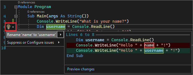 Captura de tela que mostra a ação Renomear no Visual Studio.