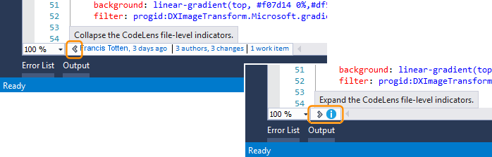 Captura de tela de Ativar e desativar indicadores no nível do arquivo no Visual Studio 2019.