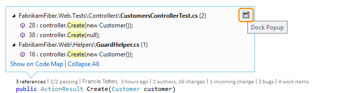 Captura de tela do botão Encaixe na janela Indicador do CodeLens no Visual Studio 2019.