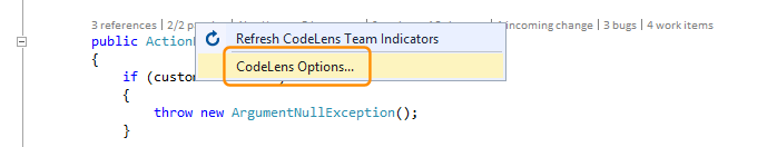 Captura de tela do CodeLens – Desativar ou ativar indicadores no Visual Studio 2019.