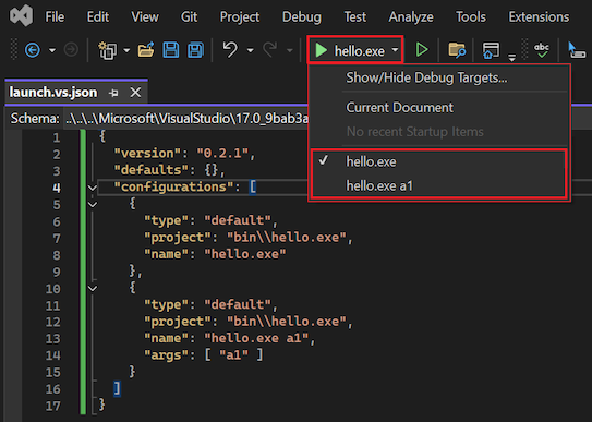 Captura de tela que mostra as configurações disponíveis na lista suspensa Destino de depuração no Gerenciador de Soluções do Visual Studio.