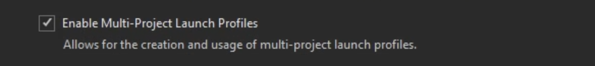 Captura de tela mostrando a opção para habilitar Perfis de Inicialização de Vários Projetos no diálogo Opções de Ferramentas.