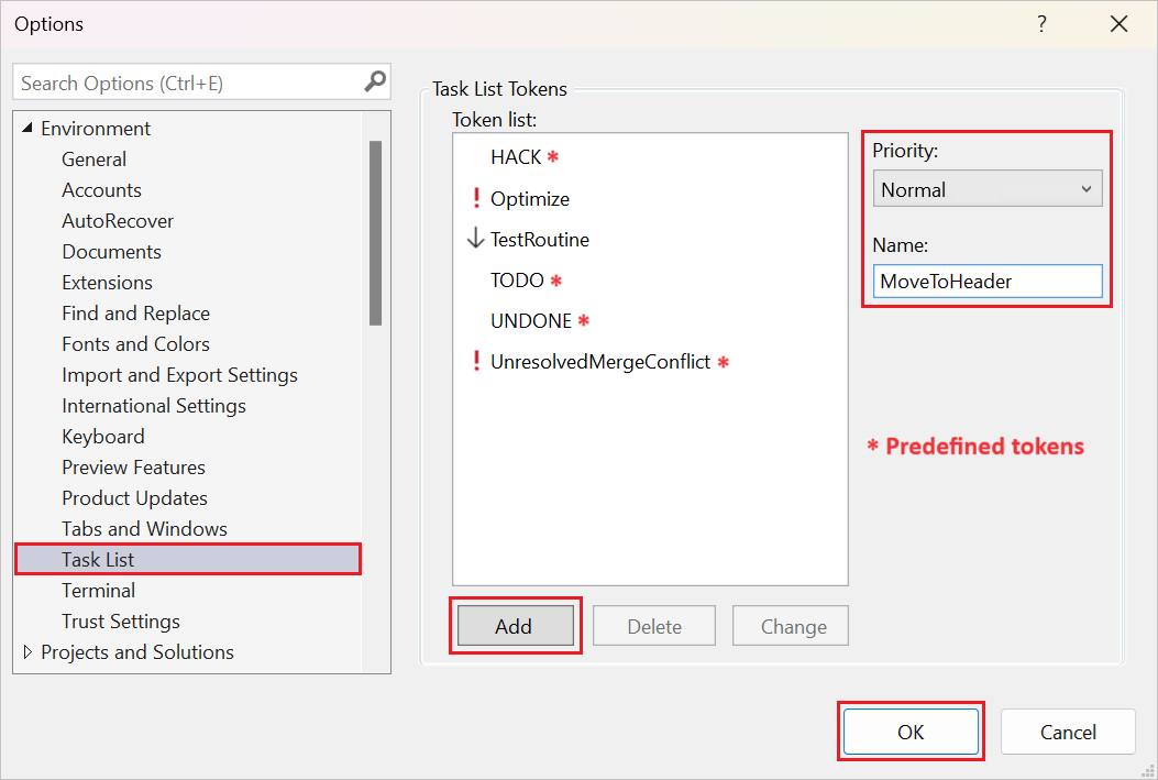 Captura de tela que mostra como adicionar tokens para a Lista de Tarefas no Visual Studio, incluindo tokens predefinidos e personalizados.