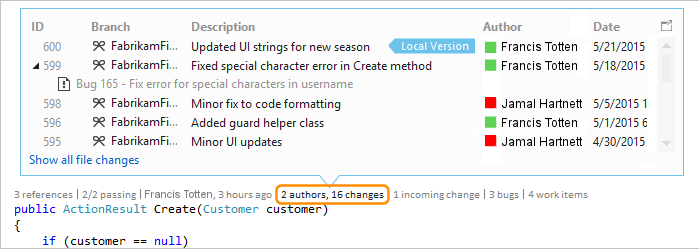 Captura de tela que mostra os dados do histórico de alterações do código no CodeLens para Visual Studio 2019.