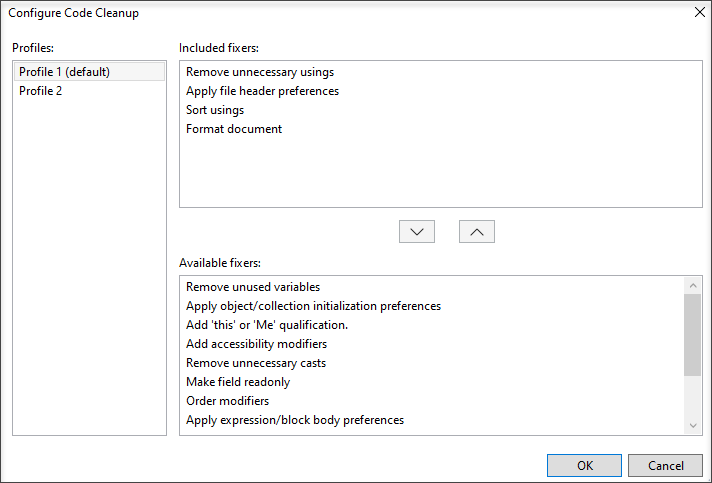 Captura de tela de Configurar limpeza de código.