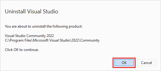 Captura de tela mostrando uma caixa de diálogo para confirmar que você deseja desinstalar o Visual Studio 2022.