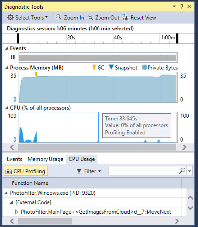 Captura de tela da janela Ferramentas de Diagnóstico no depurador do Visual Studio, mostrando a linha do tempo de eventos e grafos para uso de memória e CPU.