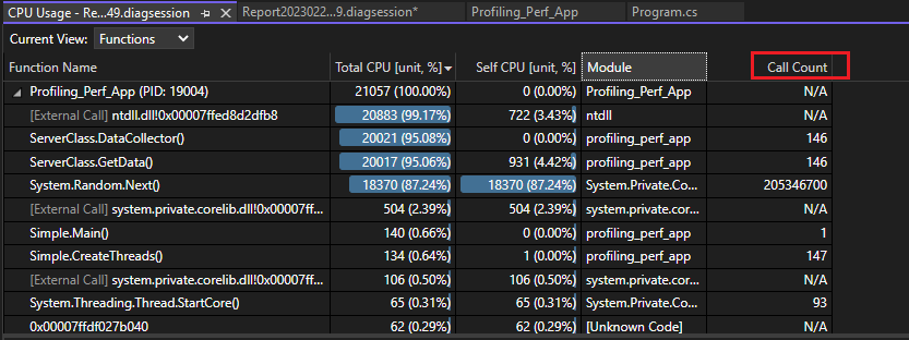 Captura de tela mostrando dados de contagem de chamadas.