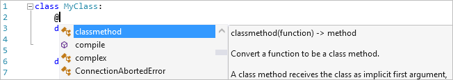 Captura de tela que mostra a conclusão do decorador no editor do Visual Studio.