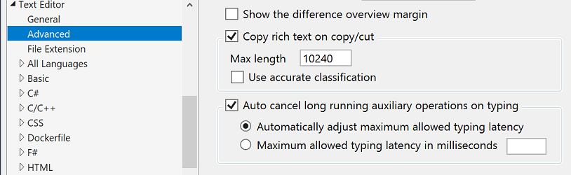 Opções de latência de digitação do Visual Studio