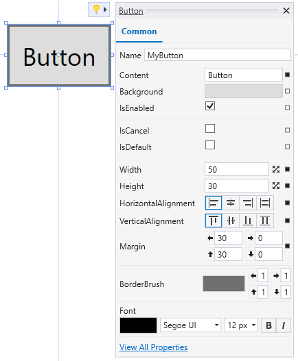 Ações rápidas do Designer XAML em um botão