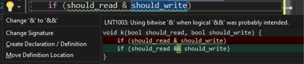 As opções de linter ao digitar mostrando o aviso para usar & bit a bit e em vez de && lógico em bools