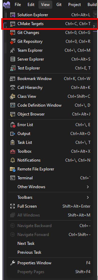 Lista suspensa Exibição de destinos do CMake