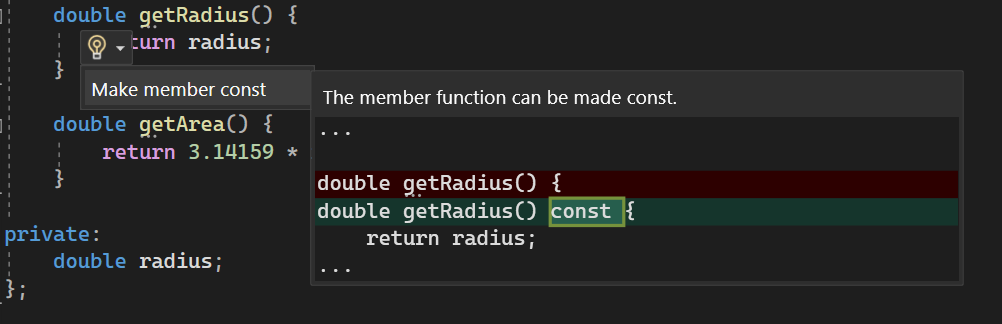 Sugestões de lâmpada de dica de função membro const