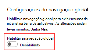 Captura de tela de onde habilitar a opção de navegação global no painel de configurações.