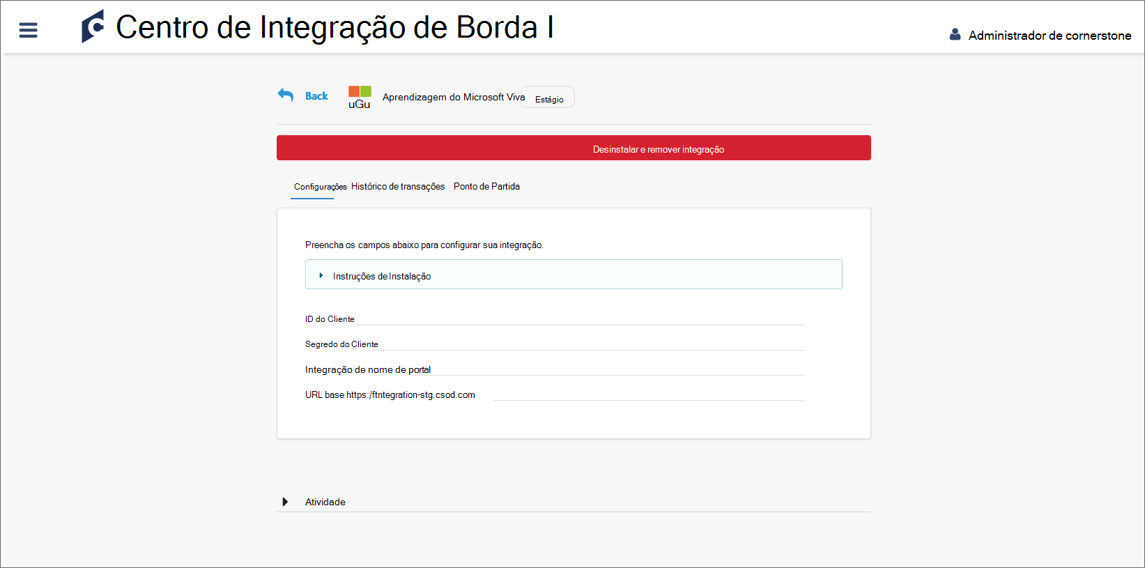 Captura de tela da tela de configuração em que você pode encontrar sua ID do cliente, segredo do cliente, nome do portal e URL base.