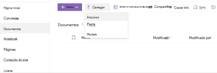 Uma captura de ecrã mostra o menu Carregar no SharePoint.