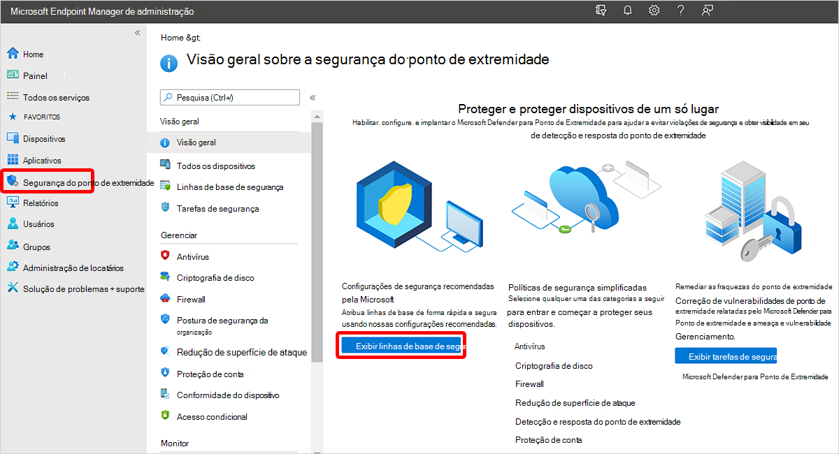 Captura de ecrã a mostrar as linhas de base de segurança de visualização