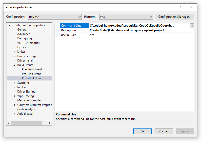 Configuração de evento pós-compilação do Visual Studio mostrando um arquivo em lotes configurado como uma opção de linha de comando.