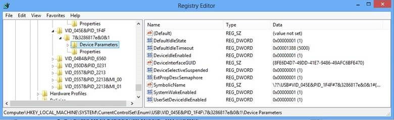 Captura de tela do Editor do Registro do Windows mostrando as configurações de um dispositivo WinUSB.