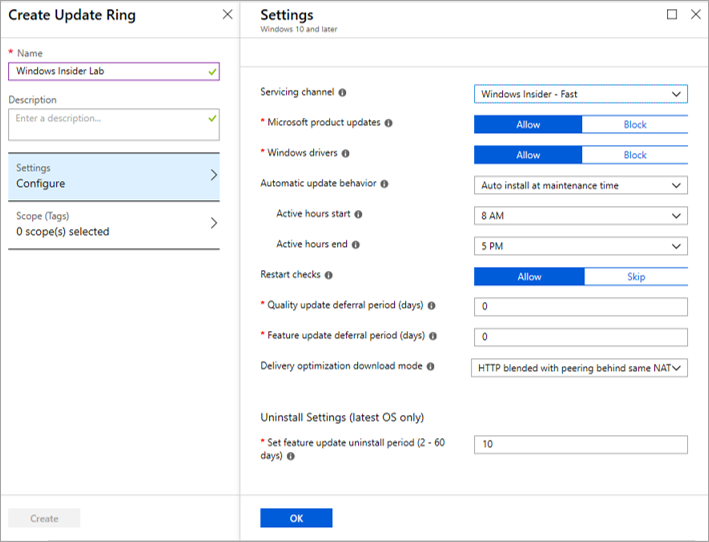 Definições da Cadência de Atualização do Intune