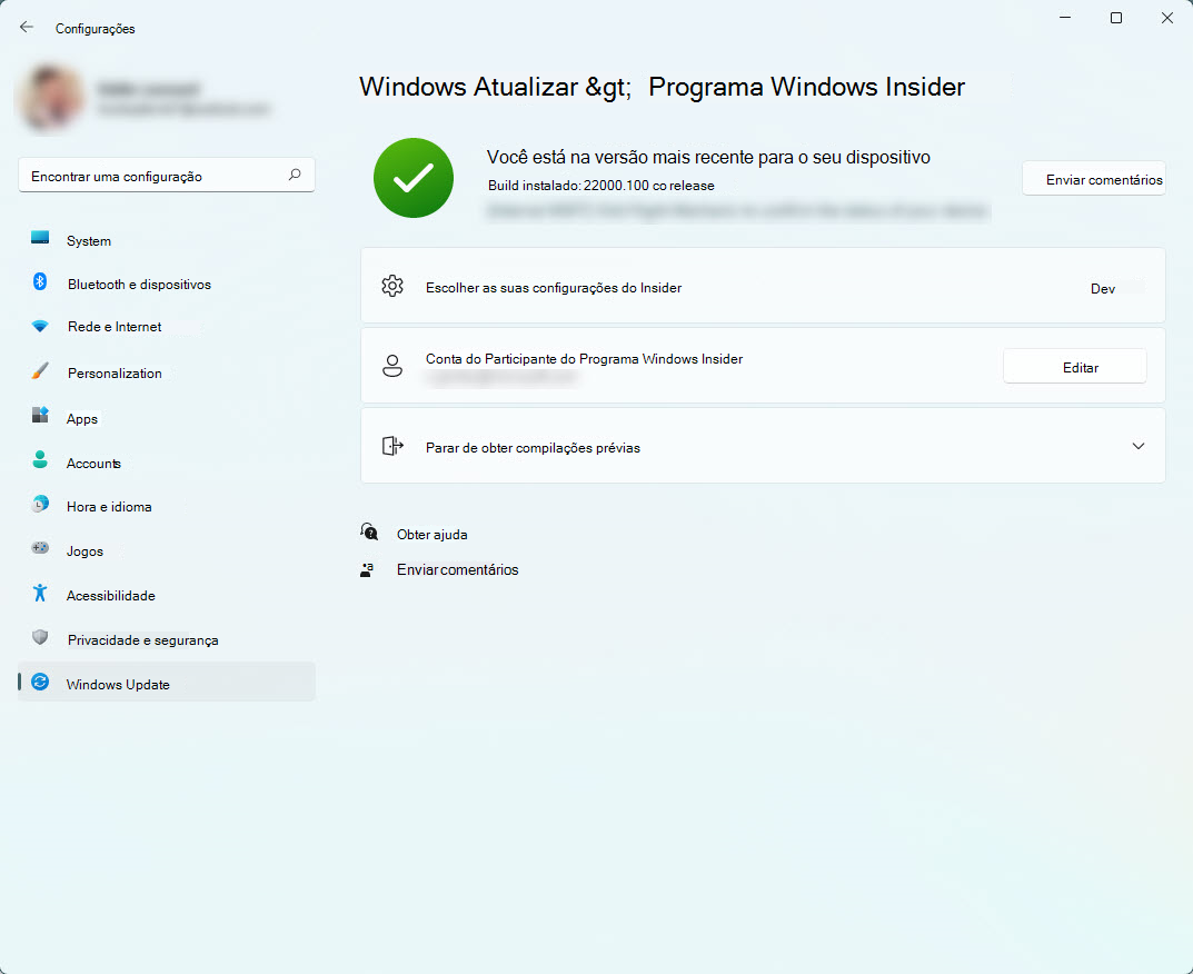 A seção do Programa Windows Insider em Configurações mostrando seu canal e a conta do Insider vinculada ao seu dispositivo.