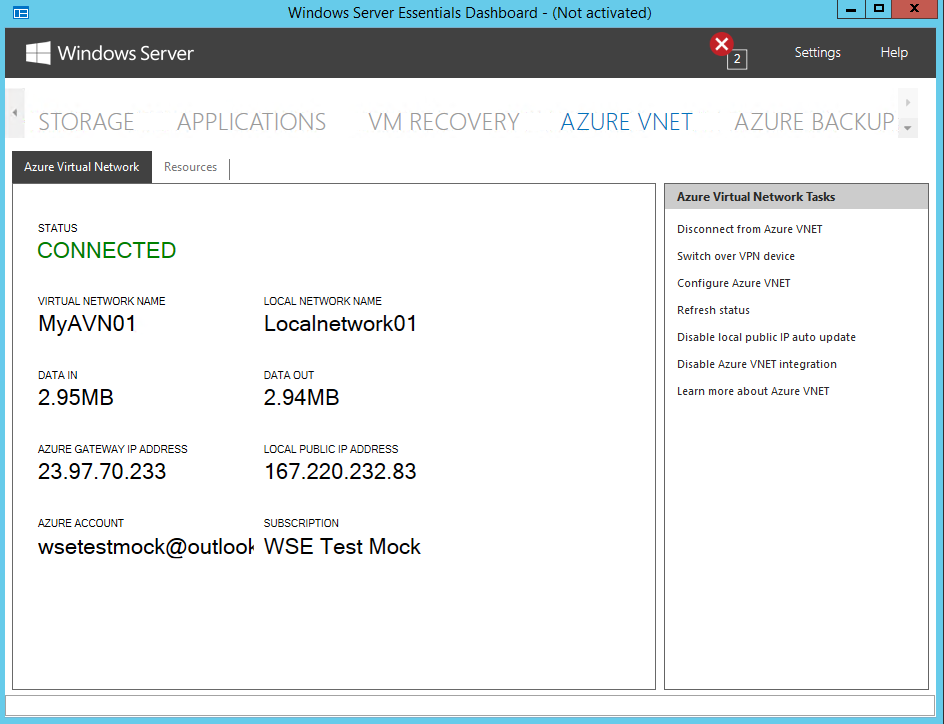 Uma captura de tela mostrando a página VNet do Azure do painel Windows Server Essentials. A guia Rede Virtual do Azure está selecionada e mostra o status como Conectado e, sob essas informações de status, os detalhes da rede virtual são exibidos.