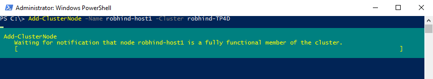 Captura de tela mostrando a saída do cmdlet Add-ClusterNode