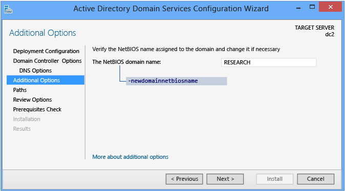 Captura de tela que mostra a página Opções Adicionais no Assistente de Configuração do Active Directory Domain Services.