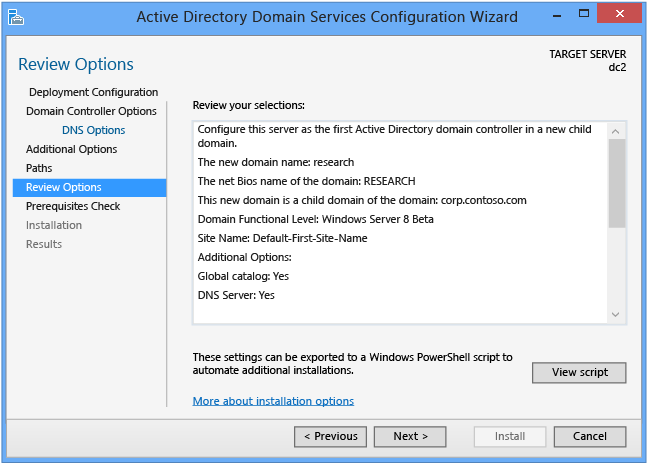 Captura de tela que mostra a página Opções de Revisão no Assistente de Configuração do Active Directory Domain Services.