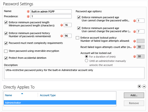 Captura de tela que mostra a interface gráfica da Política de Senha Refinada do Centro Administrativo do Active Directory.