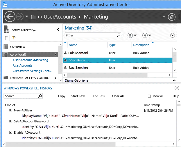 Captura de tela que mostra o Visualizador de Histórico do Windows PowerShell no Centro Administrativo do Active Directory.