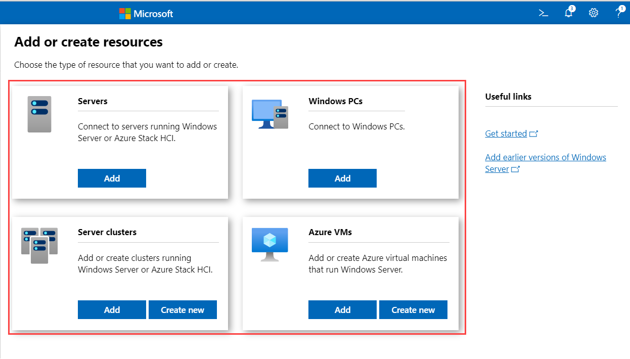 Captura de tela do recurso Adicionar Conexões do Windows Admin Center.