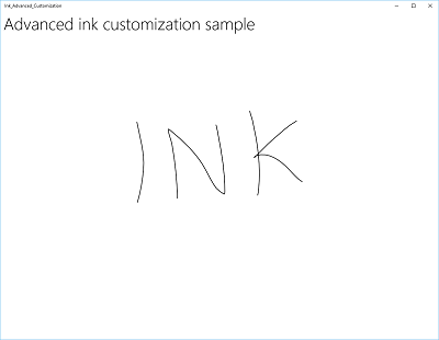 Captura de tela do aplicativo de exemplo de personalização de tinta avançada mostrando o inkcanvas com traços de tinta preta padrão.