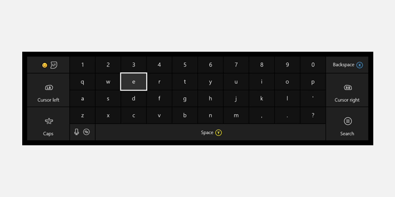 Captura de tela do teclado na tela do Xbox One.