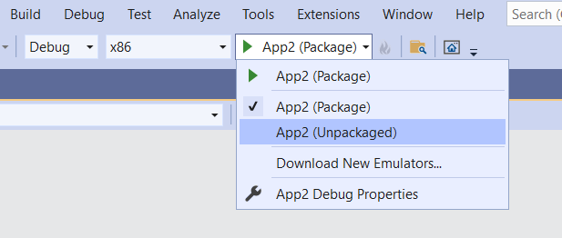 Visual Studio – Lista suspensa de Iniciar com o perfil de lançamento não empacotado do aplicativo do C# realçado