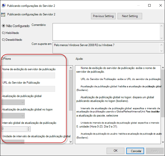 Habilitar a publicação de configurações do servidor 2.