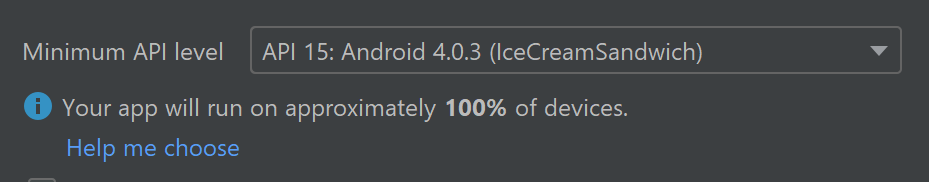 Tela de seleção mínima de API do Android Studio