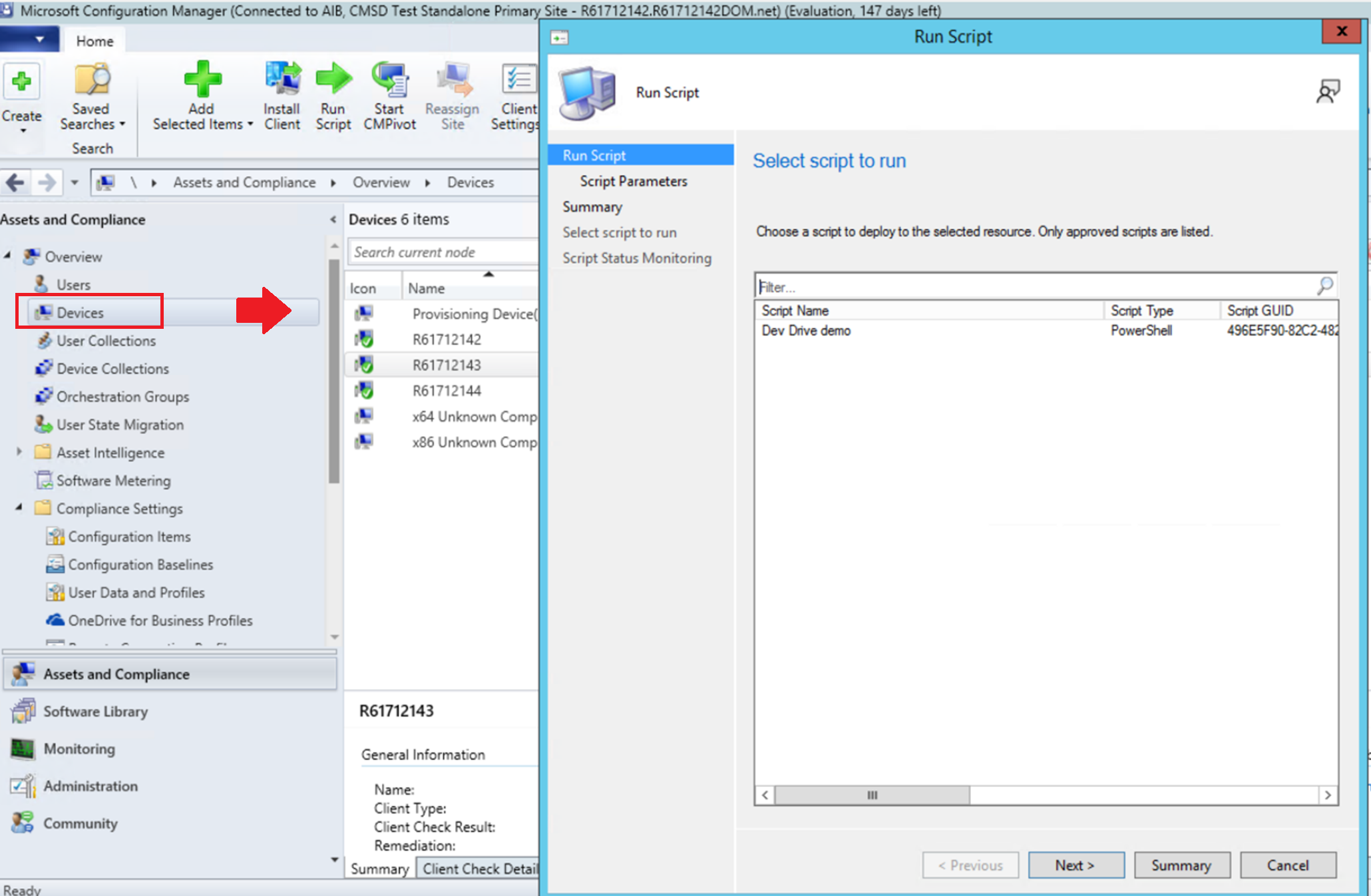 Captura de tela da janela Executar Script do Microsoft Configuration Manager mostrando o script de demonstração do Dev Drive