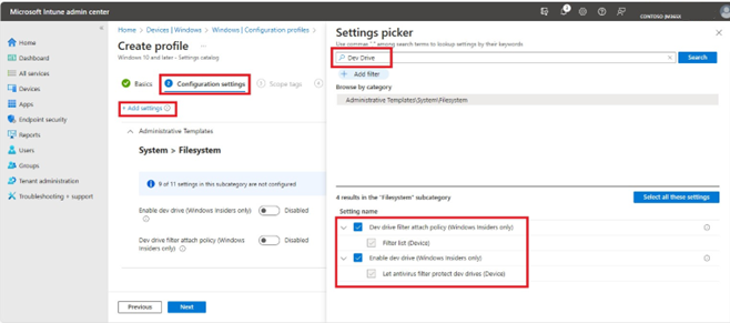 Captura de tela do centro de administração do Microsoft Intune definindo o seletor com os resultados do Dev Drive