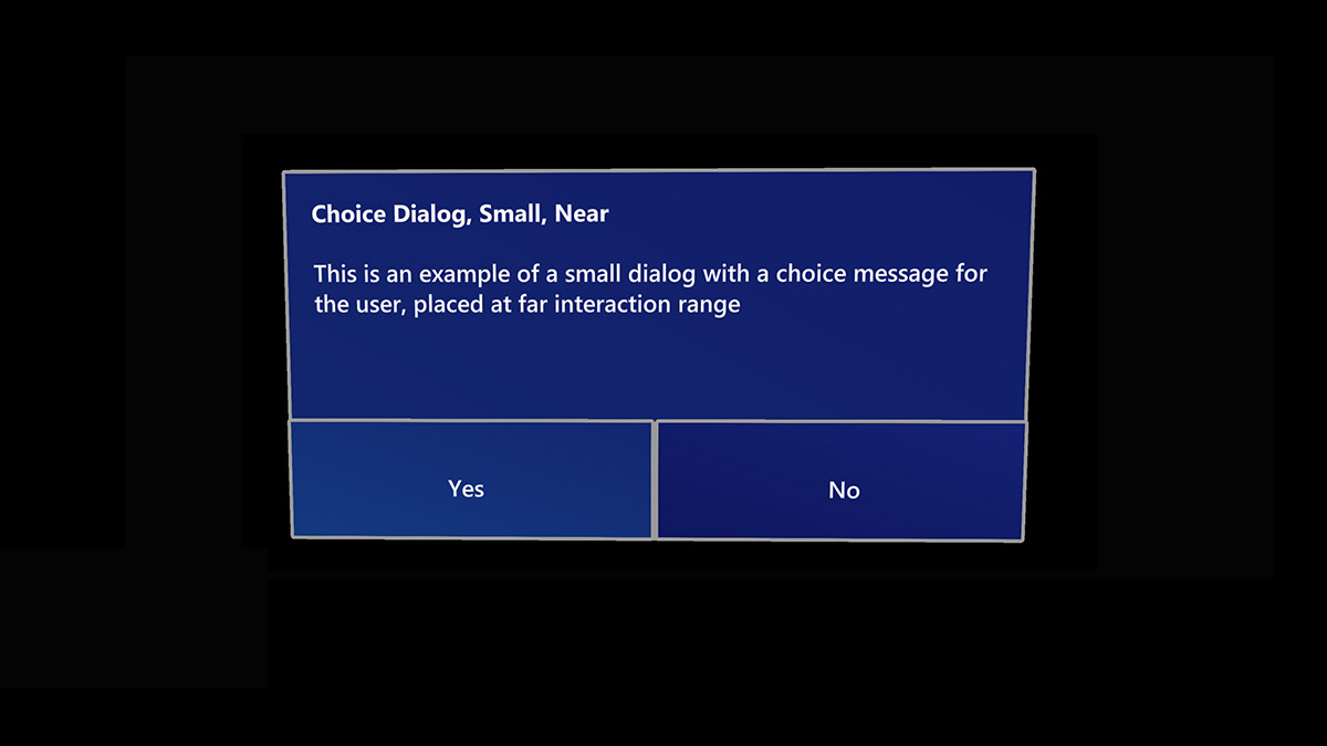 Captura de tela de uma sobreposição de caixa de diálogo com botões sim e nenhum mostrado no HoloLens