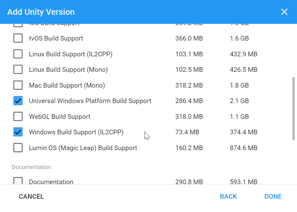 Opção do Unity de suporte de build da Plataforma Universal do Windows