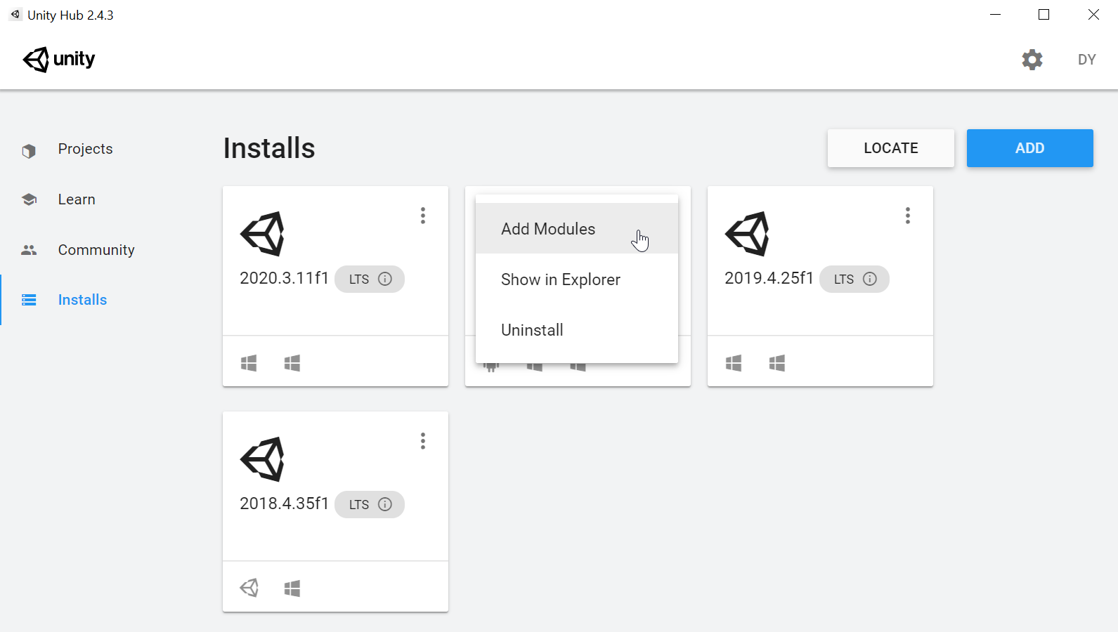 Opção do Unity de suporte de build do Windows