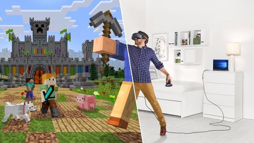 Captura de tela do Minecraft sendo jogado por um usuário usando um fone de ouvido de realidade mista