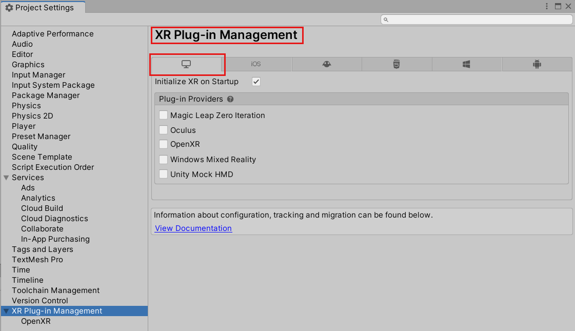 Captura de tela da janela Configurações do Projeto aberta na Página de Gerenciamento de Plug-ins XR e pc, mac & guia Autônomo do Linux.