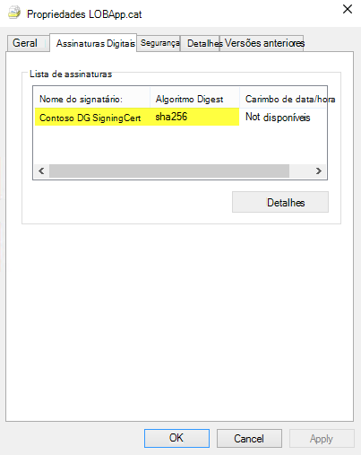 Lista de assinaturas digitais em propriedades de arquivo.