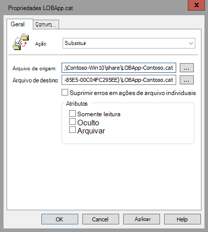 Propriedades do arquivo, opção Substituir.