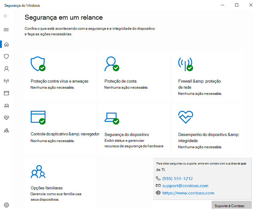 A lista de opções personalizada da Segurança do Windows.