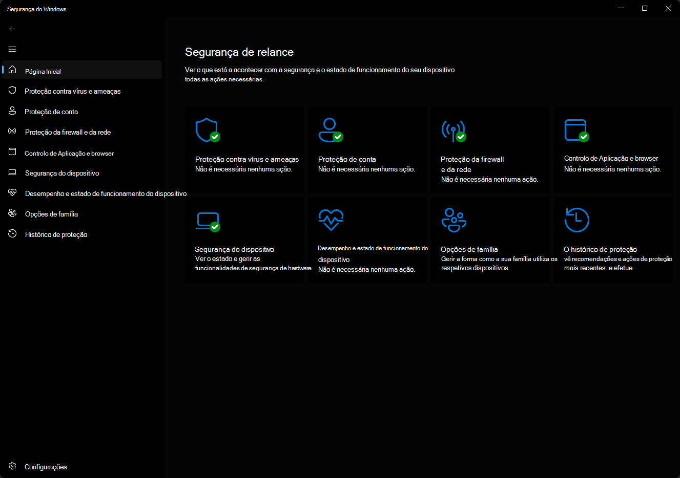 Captura de ecrã da Segurança do Windows a mostrar que o dispositivo está protegido e cinco ícones para cada uma das funcionalidades.